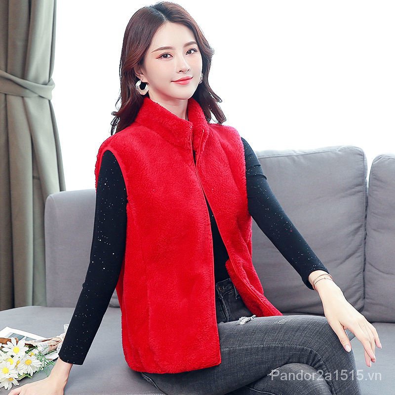 Áo Khoác Sát Nách Dáng Rộng Lót Lông Cừu Dày Dặn Phối Khóa Kéo Thời Trang Thu Đông Cho Nữ