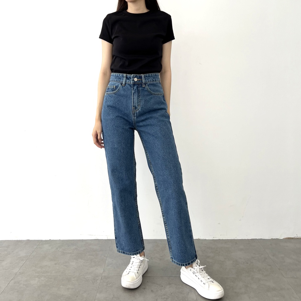 Quần Ống Đứng Jeans Nữ Lưng Cao Form Basic Màu Xanh Đậm Rede - Jeans VNXK B-03,Mom Jeans Nữ Lưng Cao M-02B, M-02E, M-03