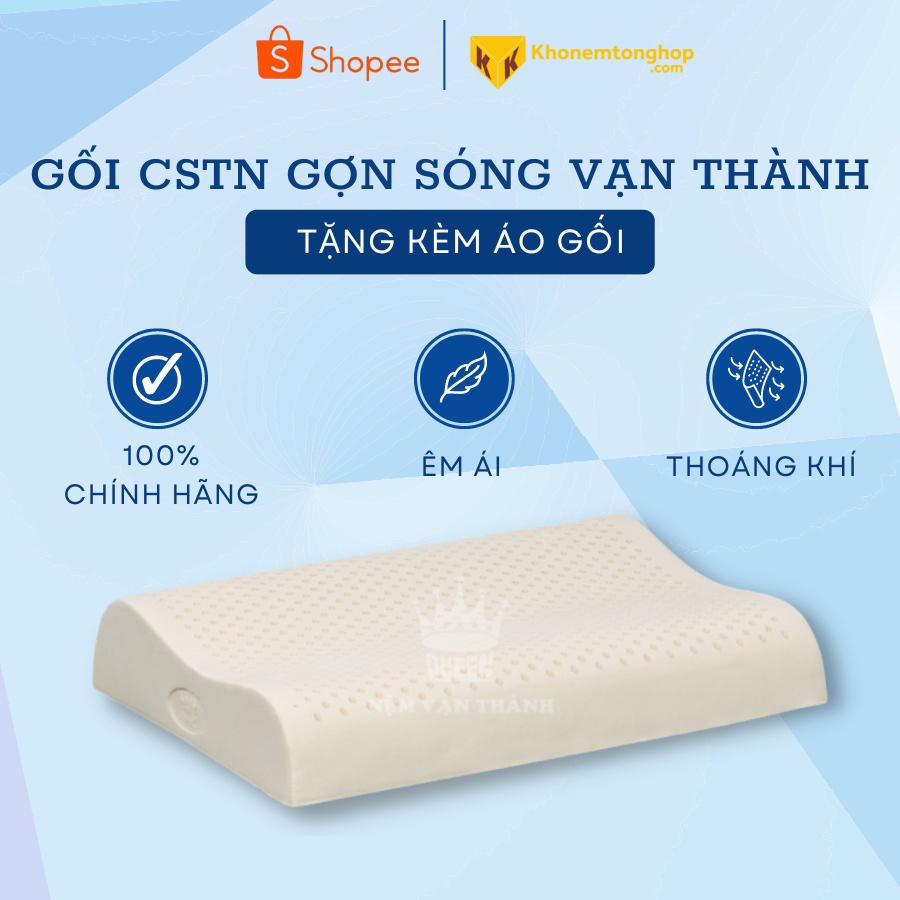 Gối cao su thiên nhiên VẠN THÀNH  gợn sóng B, Tặng kèm áo gối, nhiều kích thước, êm ái, nâng đỡ cổ và vai [Chính Hãng]