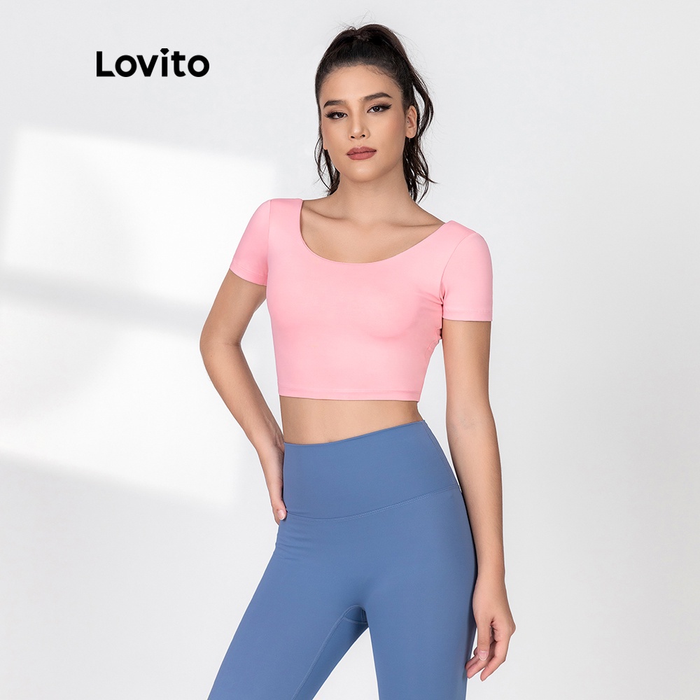 Áo ngực thể thao Lovito có miếng đệm ngực thiết kế đan dây chéo sau lưng màu trơn nhanh khô L06015 (màu tím nhạt)