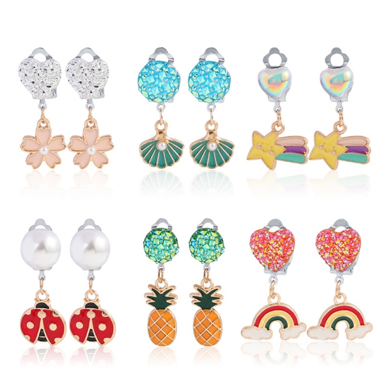 Bộ 6 Đôi Khuyên Tai Kẹp Không Đau Hình Hoa / Trái Cây Màu Cầu Vồng Dễ Thương