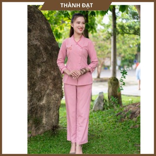 Đồ lam đi chùa, bộ đi chùa vạt chéo hoa sen vải kate mềm mịn, mặc lên thoải mái, dễ chịu_ vạt chéo hoa sen