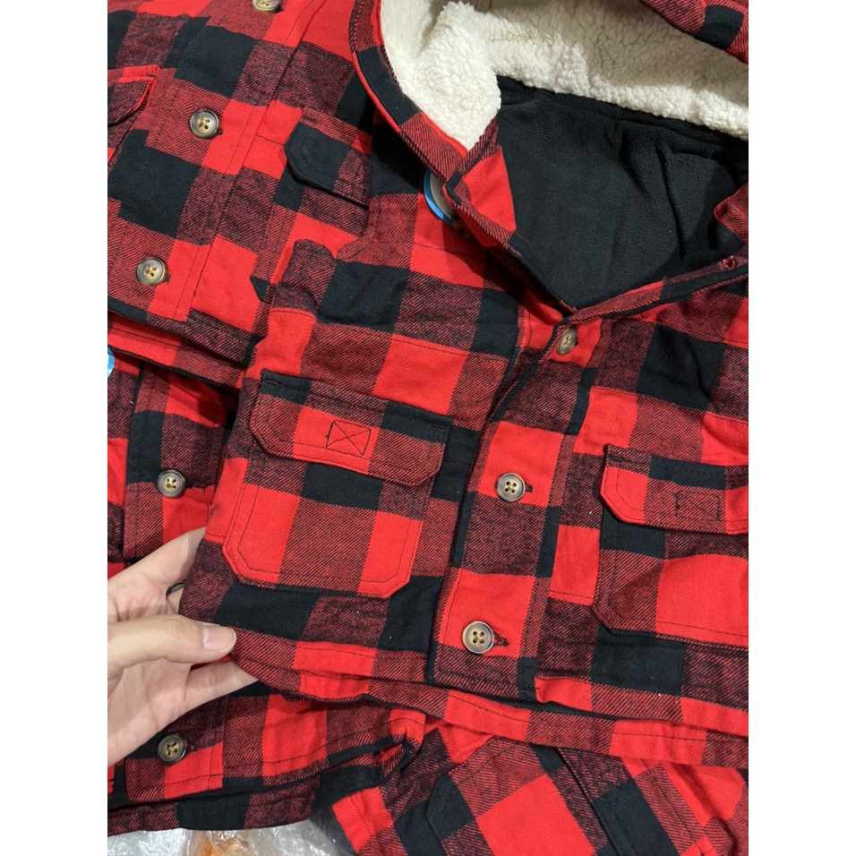 Áo khoác gile kẻ đỏ mũ lót lông cừu, thân lót nỉ ấm