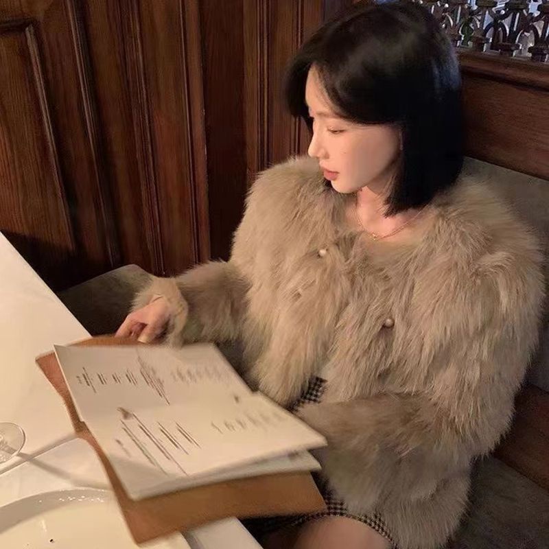 [S N ph m m i] Áo Khoác Lông Cáo Dệt Ngắn Phong Cách Mới Cho Nữ