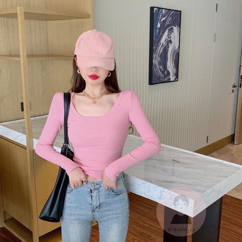 Áo Thun Croptop Dệt Kim Tay Dài Màu Sắc Đơn Giản Cho Nữ