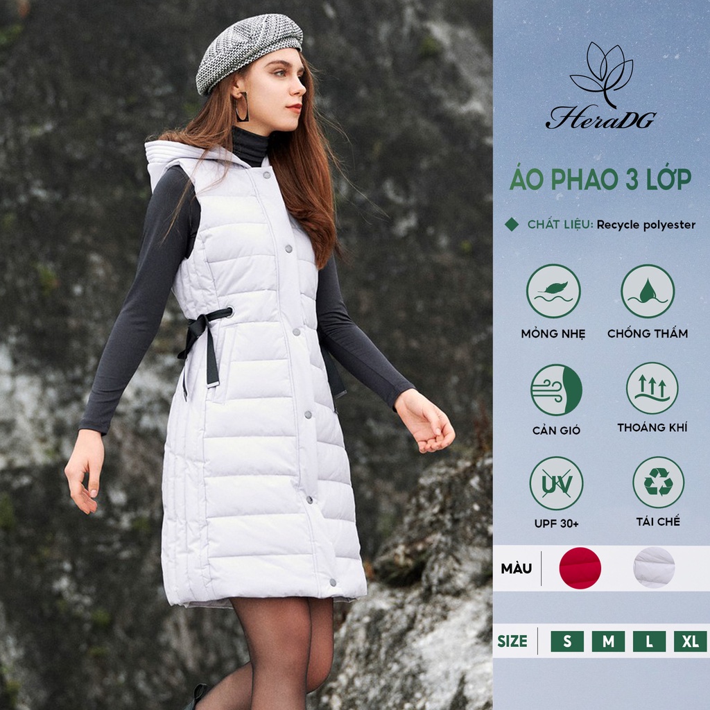 Áo khoác phao gile dài nữ mũ liền HeraDG thiết kế 3 lớp trần bông dây rút eo chất liệu xanh Recyled Polyester WJKBB3021