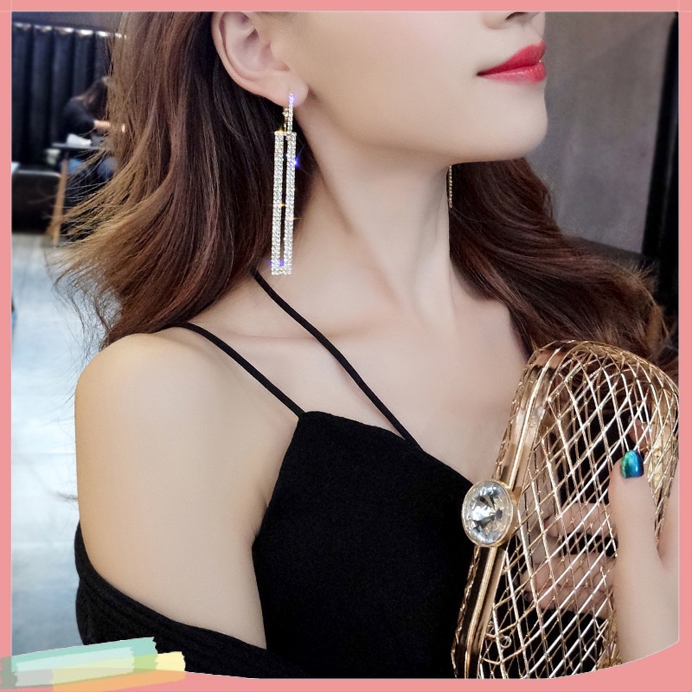 Khuyên tai nữ dáng dài đính đá dáng chữ nhật rỗng
