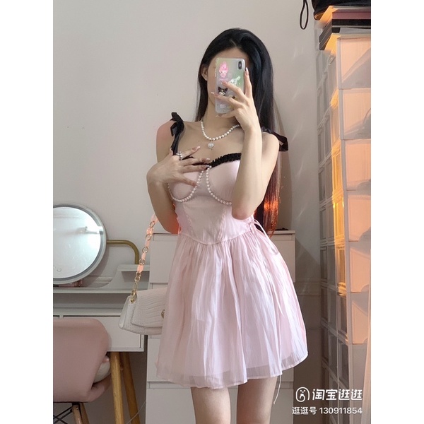 Đầm 2 dây hồng pastel công chúa nữ tính