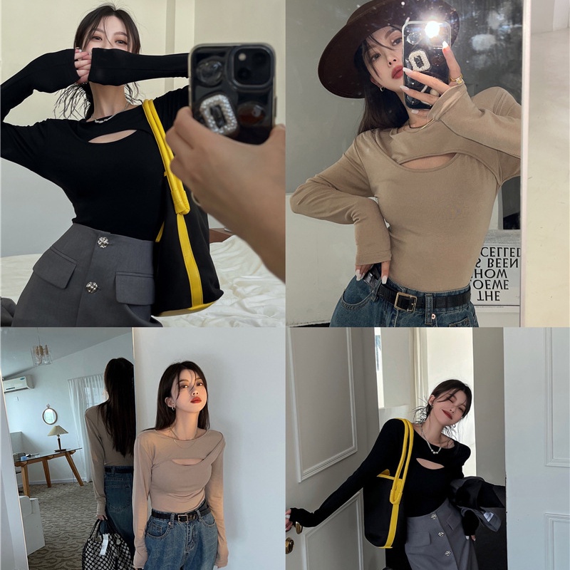 IELGY Áo Thun Tay Dài Màu Trơn Dáng Ôm Khoét Lỗ Cá Tính Cho Nữ Màu Sắc