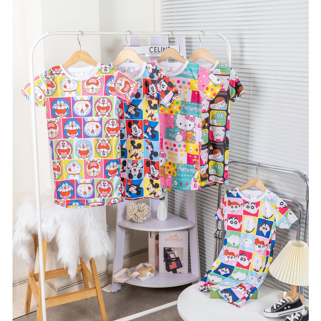 Hot trend | Váy đầm suông chất thun lạnh in 3D hoạt hình cực sắc nét đẹp cho bé 8-28kg