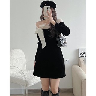 Đầm nhung trễ vai thắt nơ (ảnh thật/ có sẵn)
