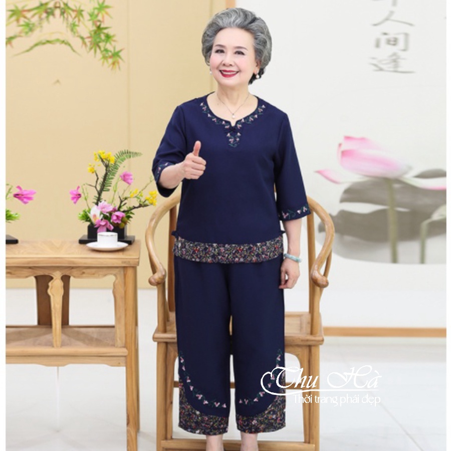 Đồ bộ trung niên nữ thêu hoa Thu Hà quần áo mặc nhà tặng bà tặng mẹ chất liệu co giãn form thoải mái ĐBH.21
