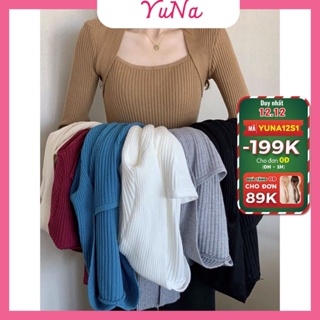 Áo len nữ Maika cổ vuông tay dài phong cách Hàn Quốc chất liệu gân tăm dày dặn, phụ kiện thời trang nữ YUNA