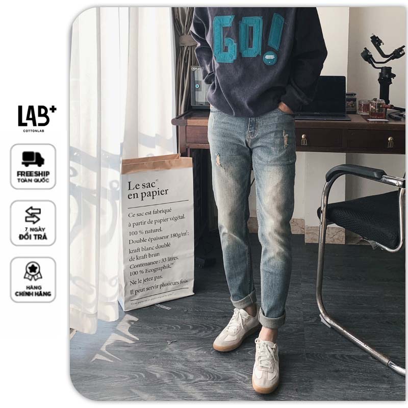 Quần jean nam xanh bụi bặm cao cấp thương hiệu LAB - QJ812