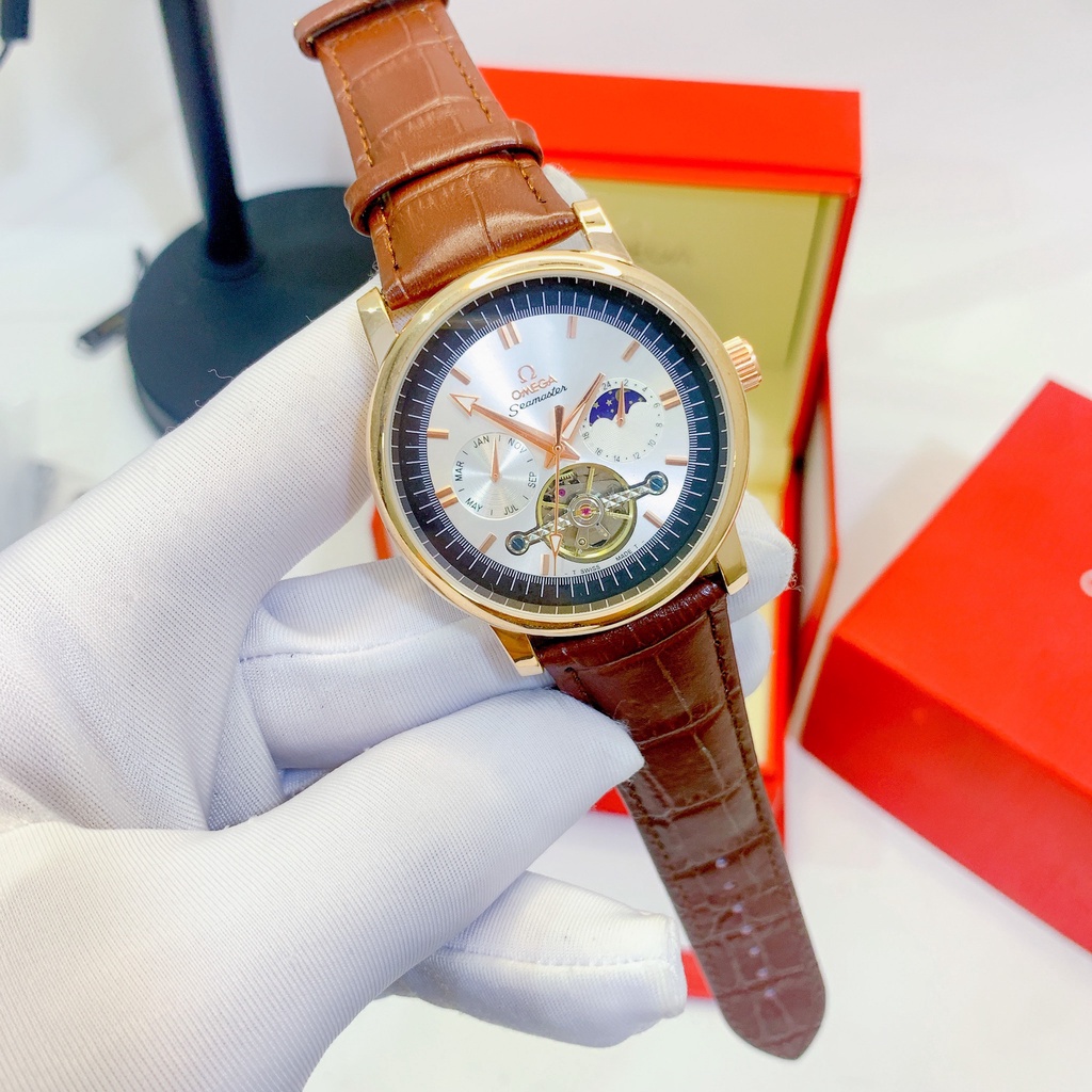 Đồng hồ nam Omega - size43mm, dây da,máy cơ,khung mặt thép không gỉ, kính tráng sapphire chống xước, bảo hành 12 tháng