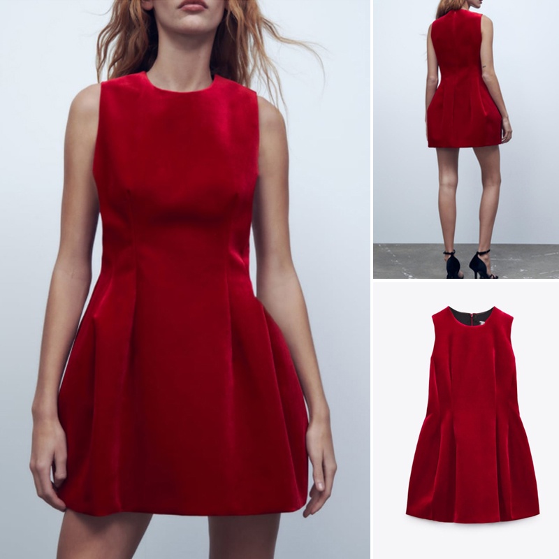 ZARA Đầm Nhung Lông Xù Sát Nách Cổ Tròn Xếp Ly Đáng Yêu Thanh Lịch Kiểu Pháp Cho Nữ Mùa Thu Đông 29228987