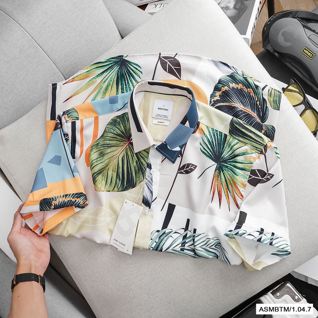 Áo sơ mi nam tay ngắn, họa tiết tươi trẻ, chất modal mặc siêu mát 1047