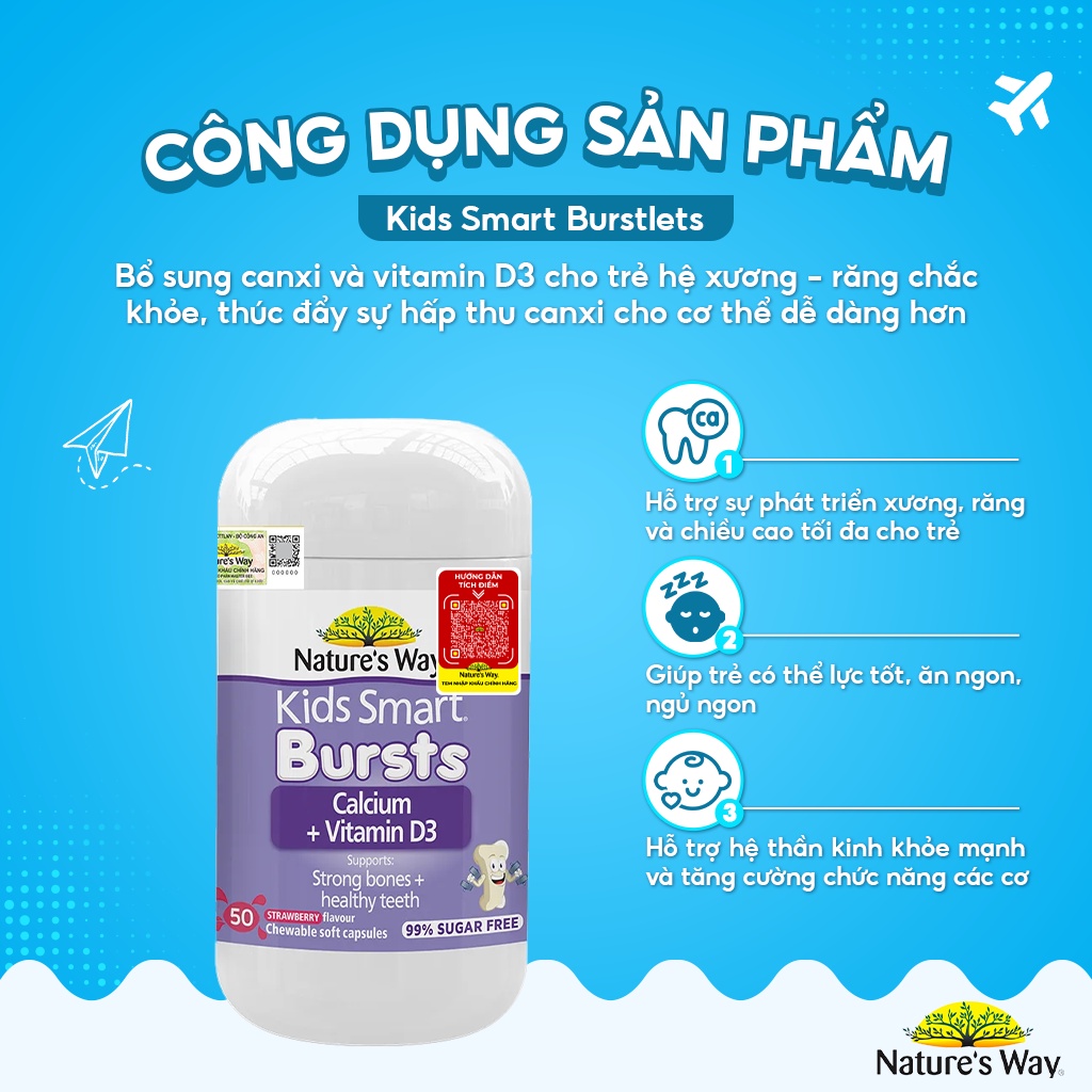 Viên Nhai Cho Bé Nature’s Way Kids Smart Calcium + Vitamin D3 Burstlets Bổ Sung Canxi, Tăng Chiều Cao Cho Bé Hộp 50 Viên