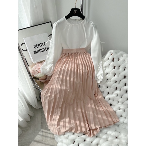 SET ÁO VOAN TRẮNG KHOÉT TAY THẮT NƠ CHÂN VÁY MIDI DẬP LY 🤎