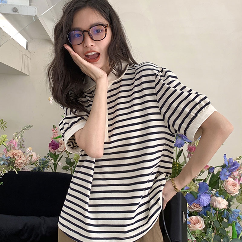 Áo polo Ngắn Tay Dáng Rộng Họa Tiết Kẻ Sọc Thời Trang Hàn Quốc Cho Nữ