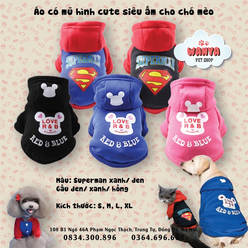 Áo nỉ cài cúc cho chó mèo - Áo hoodie hình superman, gấu cho thú cưng | Wanya Pet shop