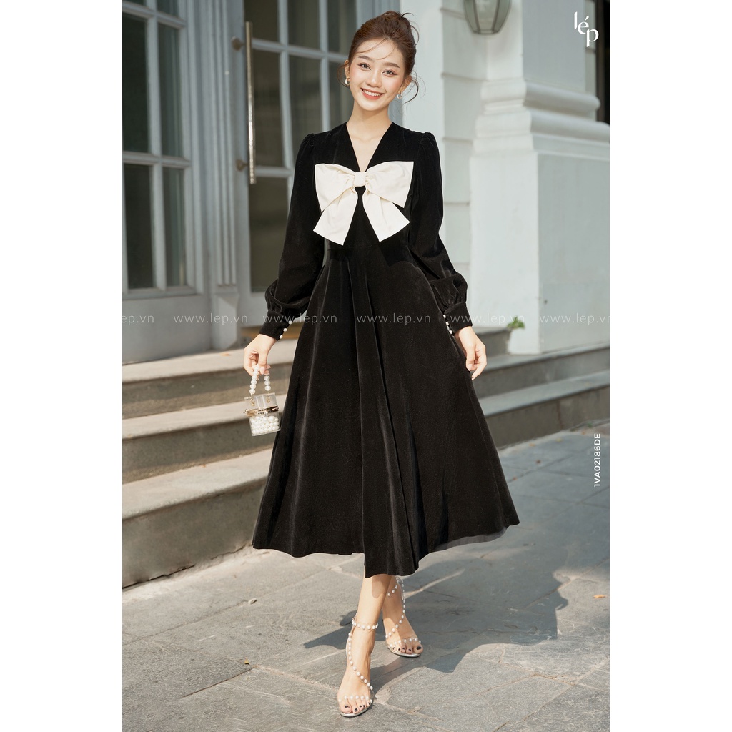 Váy chữ A cổ V chất liệu Nhung Vintage tiểu thư Lep' 1VA02186DE