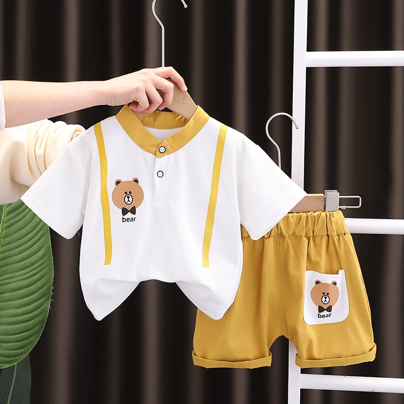 Set Áo Thun Tay Ngắn & Quần Short Cotton In Hình Gấu Hoạt Hình Mùa Hè Cho Bé Kích Thước 80-120cm