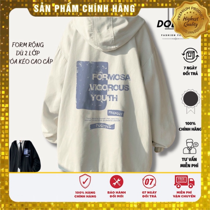 Áo khoác dù nam DOLARO 2 lớp thời thượng có nón chống nắng, cản gió thiết kế hình họa cực hot