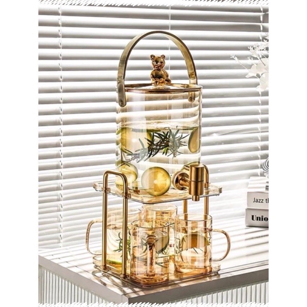 Bình Nước Thuỷ Tinh Borosilicate Hình Gấu Kèm Giá Đỡ Mạ Vàng, Sang Trọng Tinh Tế, Decor nhà cửa