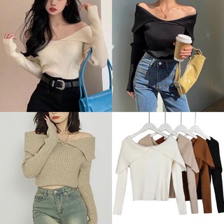 Áo len gân bẹt vai kiểu 2 bên vai nhiều màu freesize Pumi