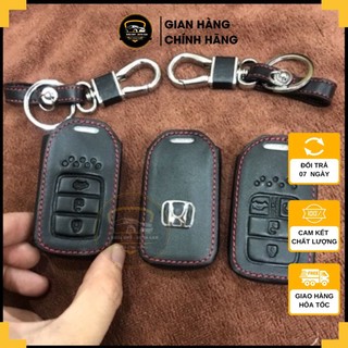 Bao da chìa khoá ô tô honda ốp da bò thật chỉ viền đỏ kèm móc khoá