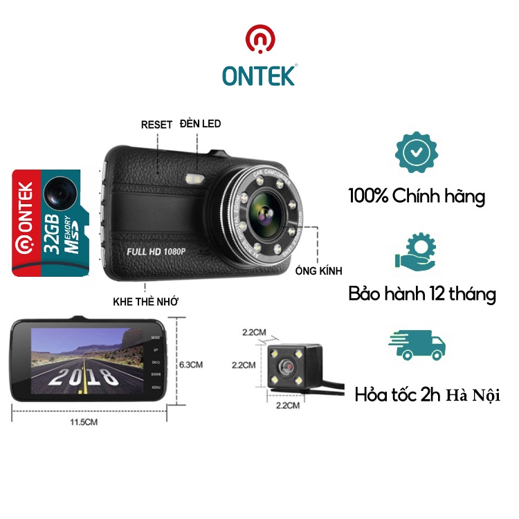 Camera hành trình ô tô ONTEKCO S14 - 2 mắt camera trước sau ghi hình đa chiều, có chế độ ghi đè