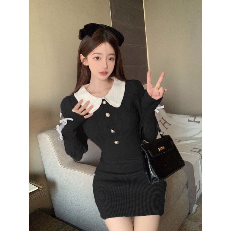 ZHELIHANGFEI Đầm Dệt Kim Tay Dài Cổ POLO Lưng Cao Thời Trang Quyến Rũ Cho Nữ