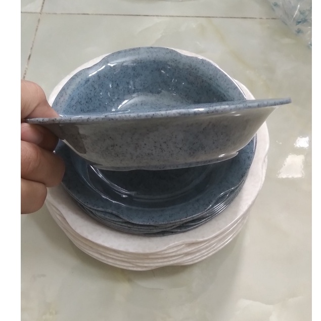 Dĩa vành hoa đựng trái cây, bánh Plan nhựa Melamine vân đá đen/xanh/trắng