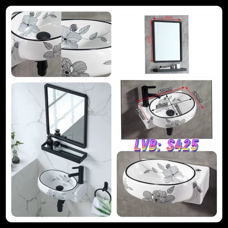 Chậu lavabo rửa mặt hoa văn đi kèm gương và kệ
