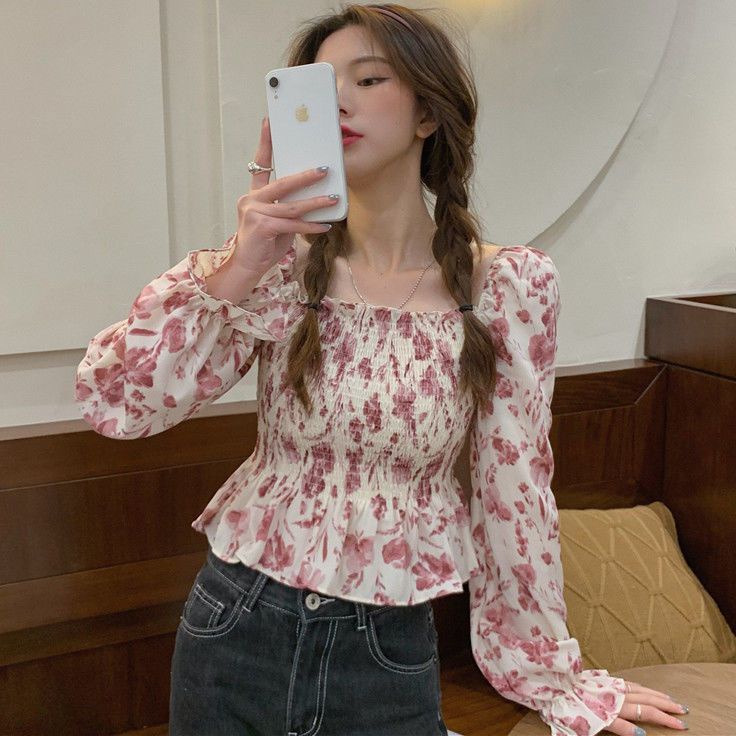 Áo sơ mi hoa ZHELIHANGFEI tay dài ôm eo gợi cảm xinh xắn