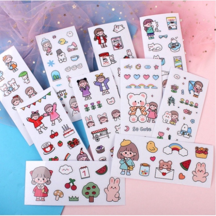 Set 6 Tấm Nhãn Dán Sticker Cô Bé, Hình dán Nhựa Trong Suốt Hoa Lá Phong Cách Hàn Quốc #Bé_Bút_Chì