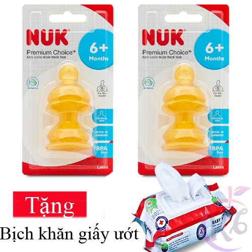 Combo 2 vỹ Ty thay bình sữa NUK Cao Su Cổ Rộng size 2S - 2 cái/vỹ Tặng 1 bịch khăn giấy ướt 80 tờ - Núm ty thay thế