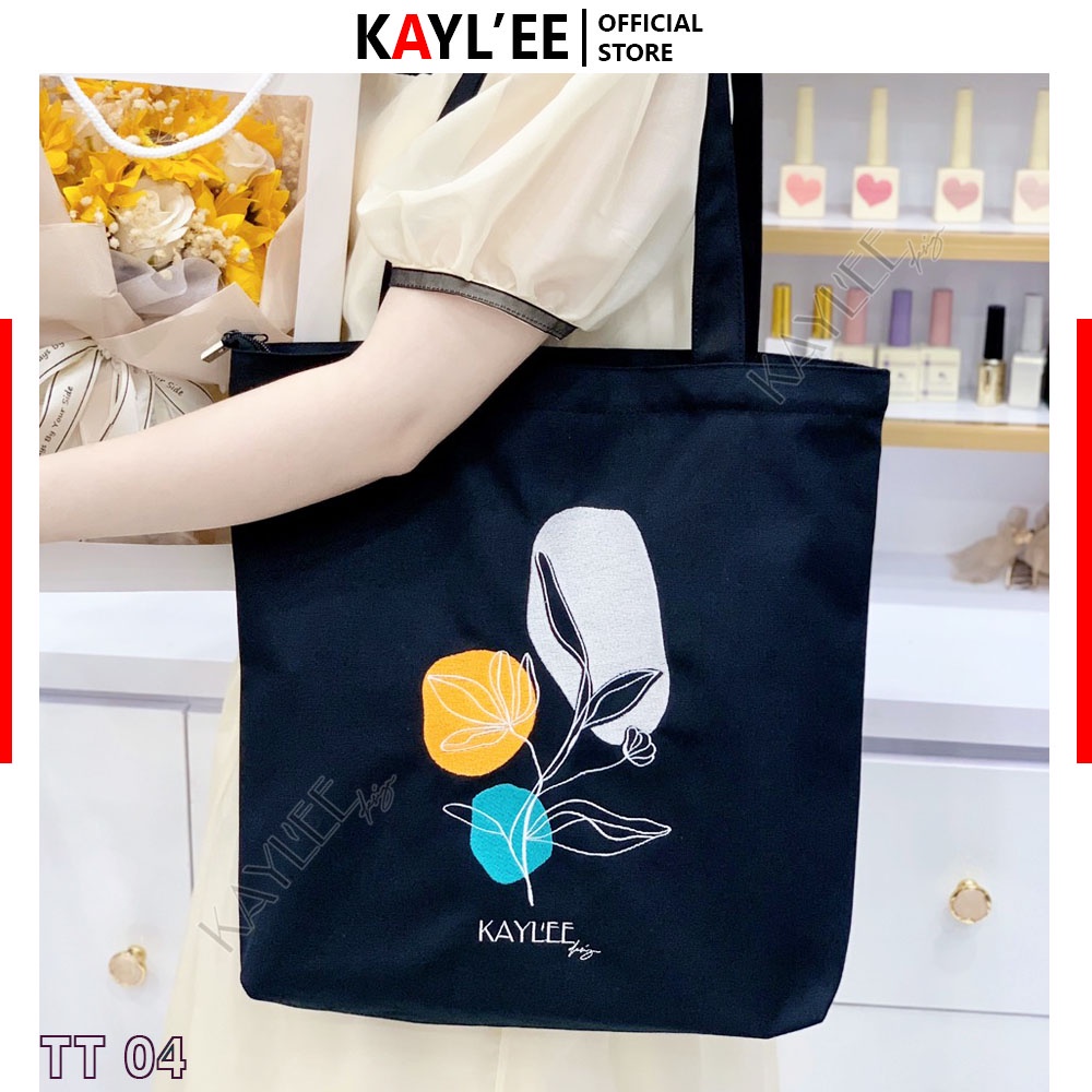 Túi tote vải canvas thêu hoa nghệ thuật có khóa kéo đi học đi chơi Design KayLee TT04