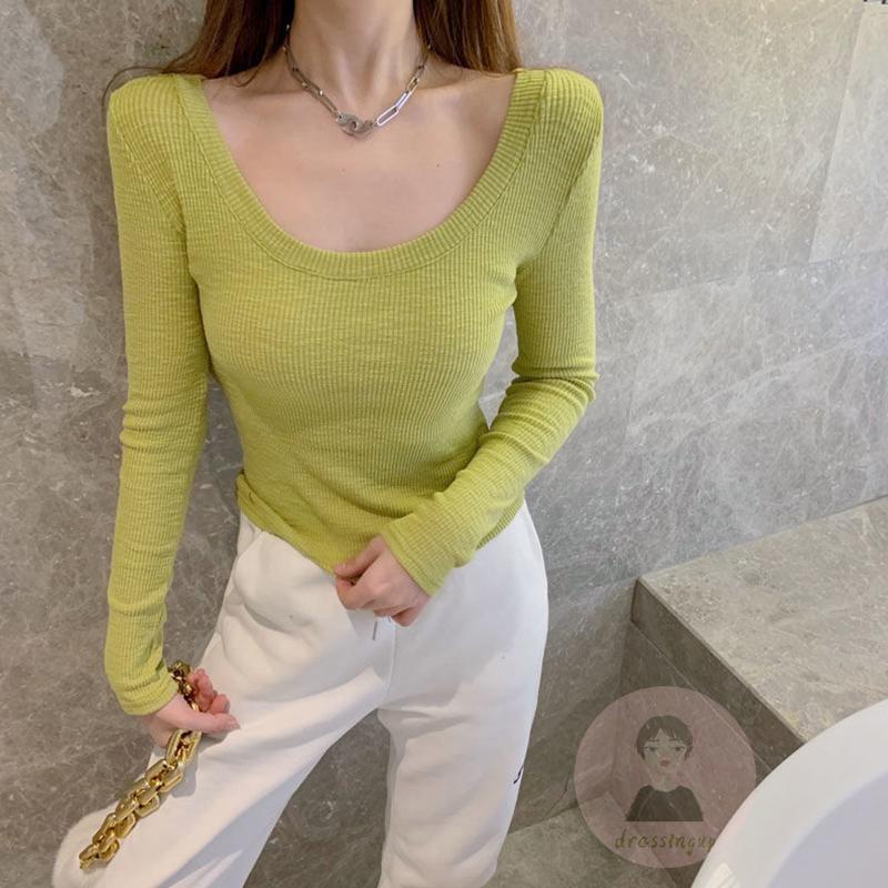 Áo Thun Croptop Dệt Kim Tay Dài Màu Sắc Đơn Giản Cho Nữ