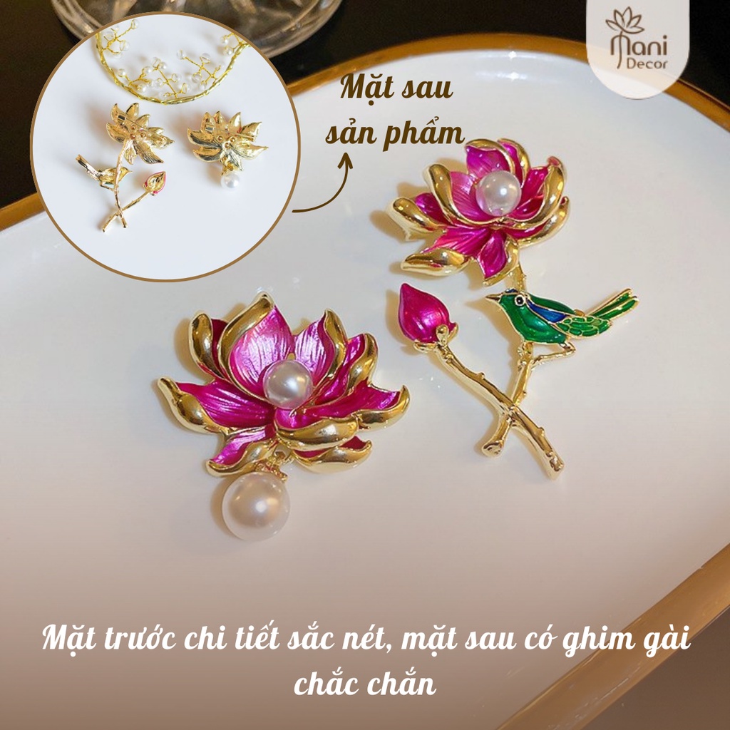 Ghim cài áo hoa sen bằng kim loại đính ngọc trai phong cách Vintage - Mani Decor