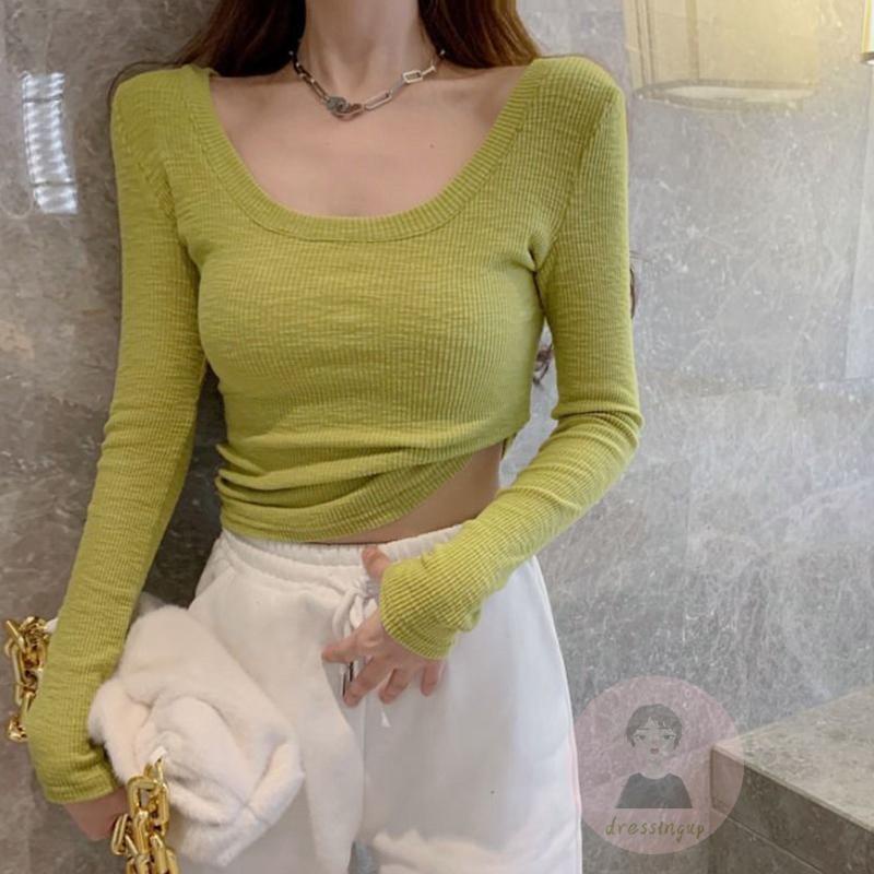 Áo Thun Croptop Dệt Kim Tay Dài Màu Sắc Đơn Giản Cho Nữ