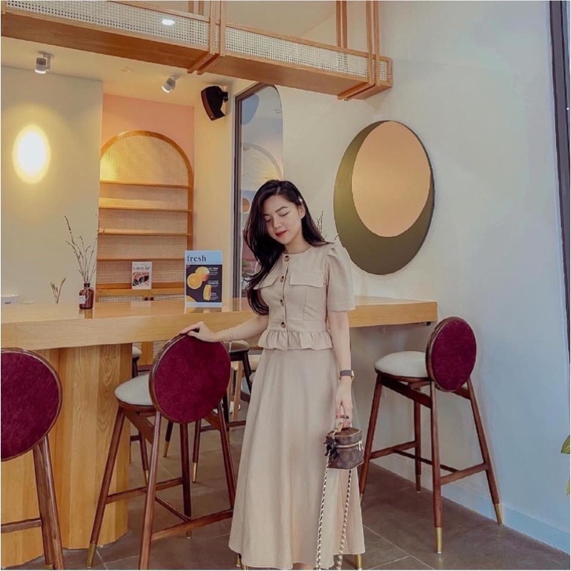 [Ảnh thật] Set áo tay phồng lai bèo đính nút to chân váy dài phong cách tiểu thư sang chảnh