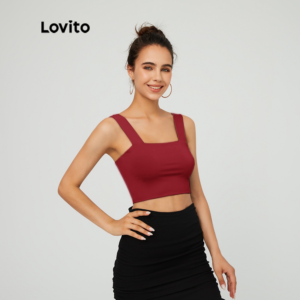 Áo hai dây Lovito màu trơn cổ vuông thời trang L03020 (Màu xanh lá/ đen/ trắng)