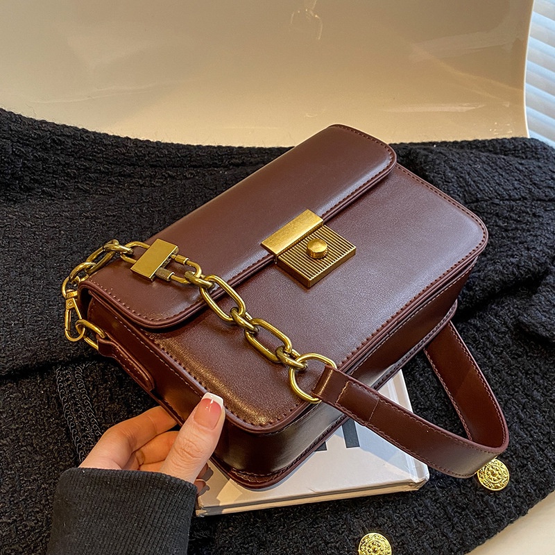 Túi Đeo Chéo Hình Vuông Nhỏ Màu Nâu Có Khóa Thời Trang Cho Nữ