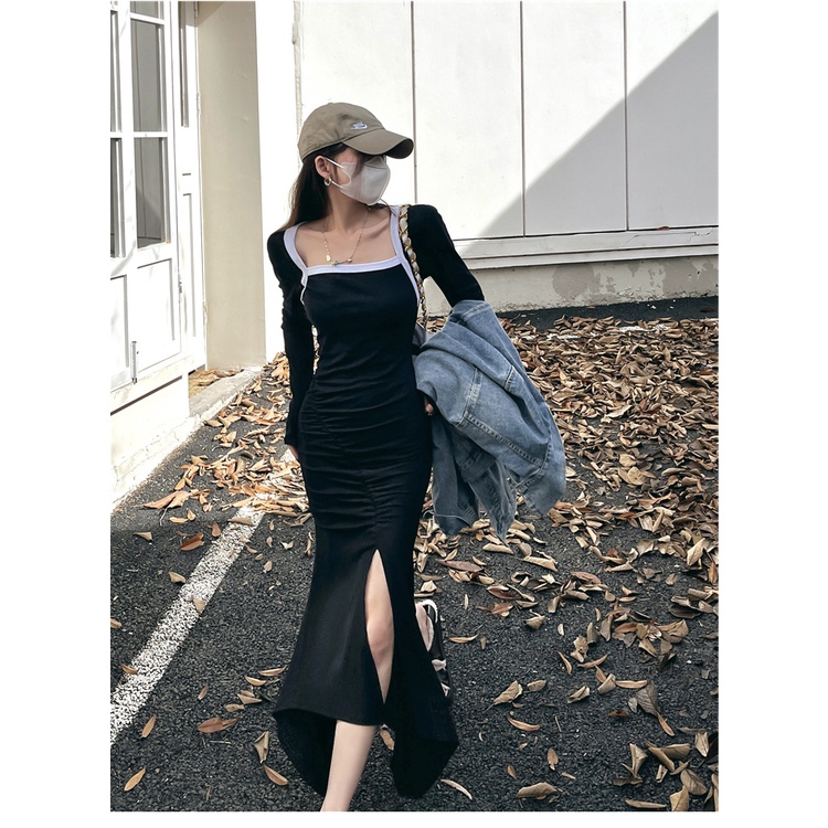 ZHELIHANGFEI Váy vuông tay dài cổ vuông không xẻ tà eo gợi cảm váy ôm sát hông bé gái dài váy dài