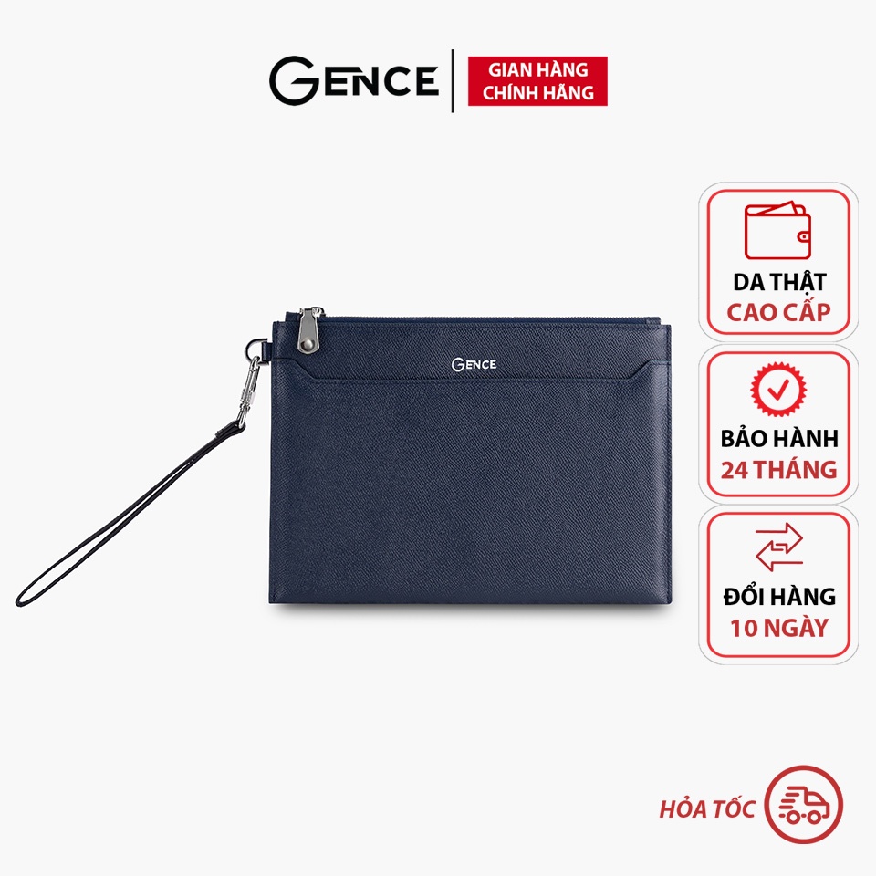 Ví Clutch cầm tay nam da bò Epsom cao cấp chính hãng Gence màu xanh HT19 bảo hành 24 tháng