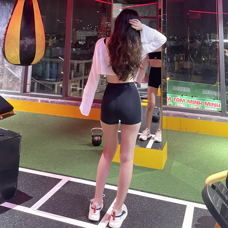 Quần short đùi thể thao cao cấp nữ, 2 sọc GB cạp, lưng cao ôm, nâng mông 100% cotton tập gym, yoga, nhảy dance, đi chơi