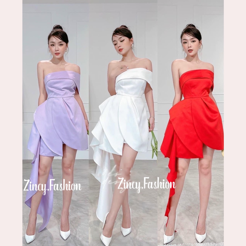 Đầm trễ vai dự tiệc xếp ly phối tà dài có Mút ngực Váy cúp ngực xòe hở vai Zincy XLYDUOI01