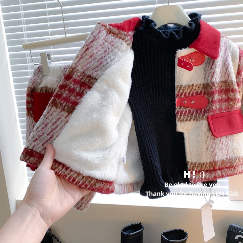 Bộ Kẻ Dạ Len Bé Gái Năm Mới Lót Thỏ Nhung Hàng QC